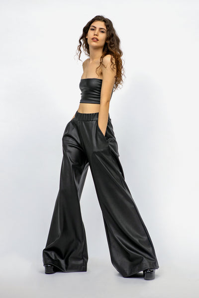 Wide leg vegan leather trousers - Black